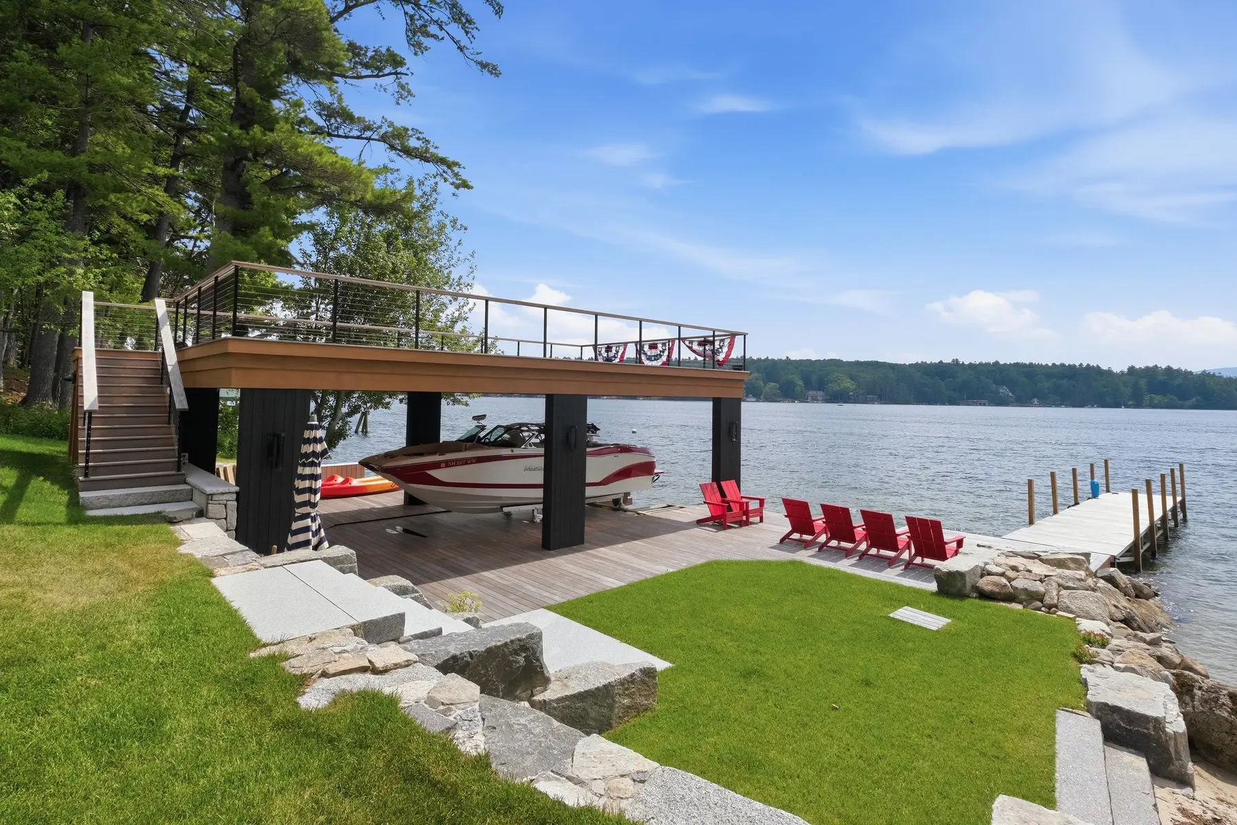 Boathouse, lawn and waterfront